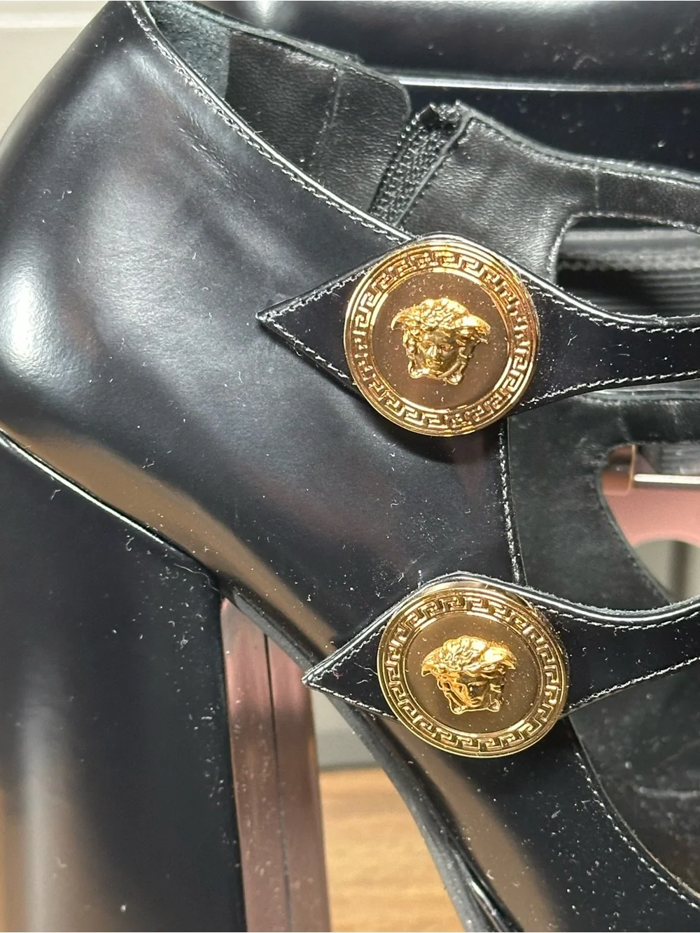 Versace Black Leather Platform Mary Jane Pumps with Gold Medusa Buttons Aevitas